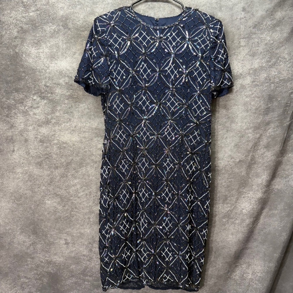 Vintage Papell Boutique Navy Blue Silk Beaded Art Deco Sheath Dress Sz 10 Gatsby